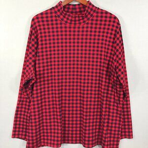 Croft & Barrow Shirt Women's 3X Red Black Check Pullover Mock Neck Long Sleeve